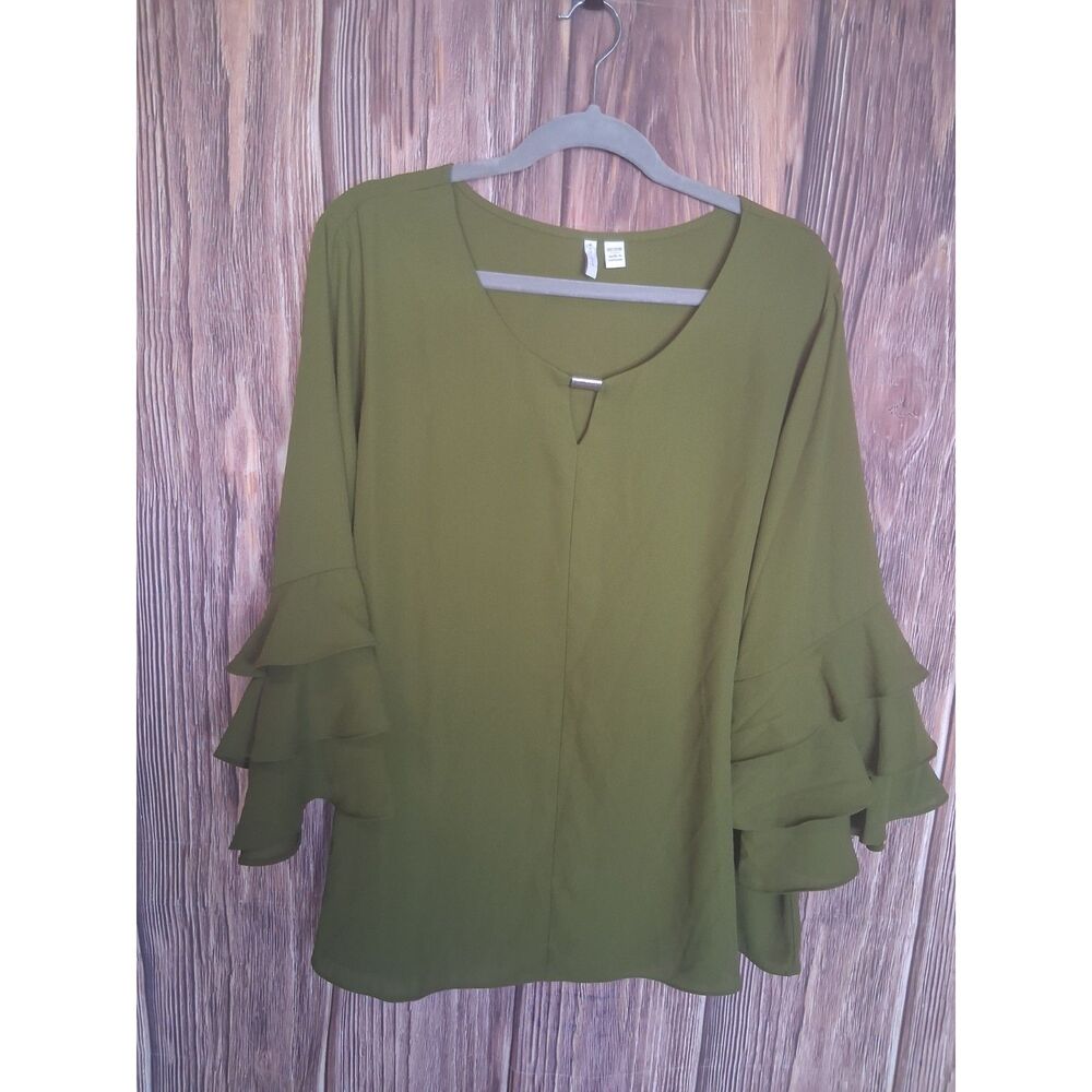 Cato olive green ruffled bell quarter sleeve blouse size 18/20
